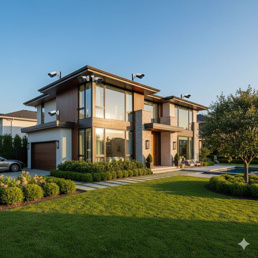 "Casa moderna com câmeras de segurança Wi-Fi externas instaladas na fachada"