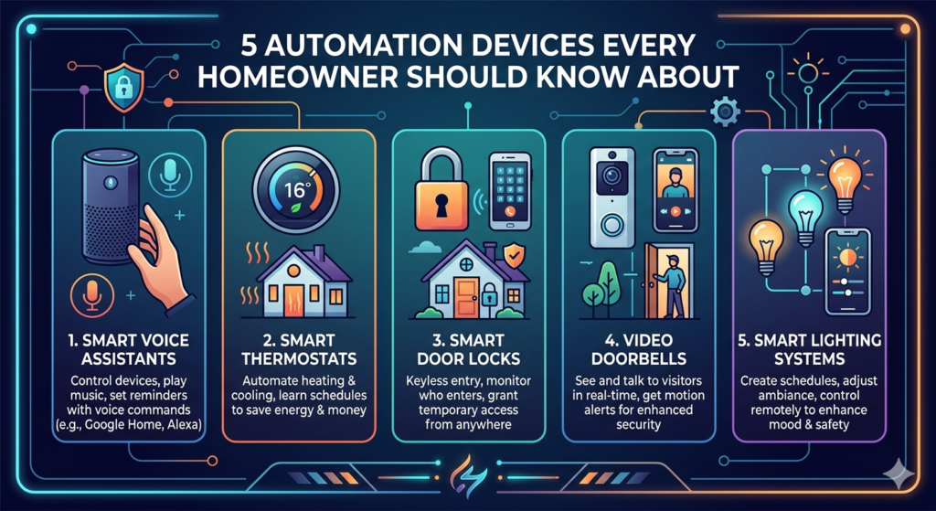 5 essential home automation devices: voice assistants, smart thermostats, electronic locks, video doorbells, and smart lighting systems