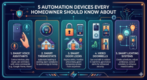 5 essential home automation devices: voice assistants, smart thermostats, electronic locks, video doorbells, and smart lighting systems