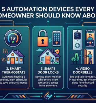 5 essential home automation devices: voice assistants, smart thermostats, electronic locks, video doorbells, and smart lighting systems