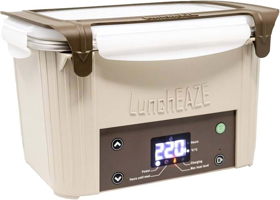 LunchEAZE electric lunchbox in black with a warming plate and safety lock. The front digital display shows the current temperature of the food.